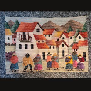 Wool Tapestry of Andean Village with People Hand-Woven in Peru